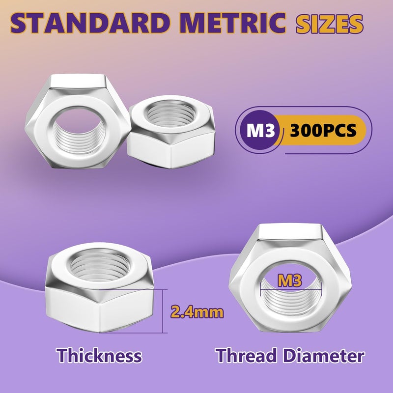 ZerDans M3 Hex Nuts, 300Pcs Metric 304 Stainless Steel Metal M3-0.5mm Hexagonal Nuts Hardware Set for Bolt for Furniture, Automotive, Industry and Construction, Full Thread - Image 5